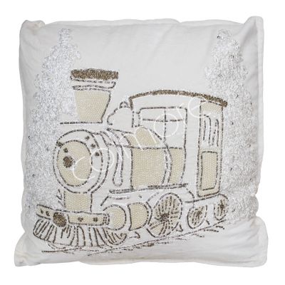 Kussen x-mass train ivoor/goud fluweel 50x50