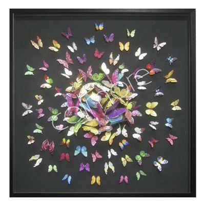 Wanddecoratie multi vlinders m/zwart linnen 100x100x6