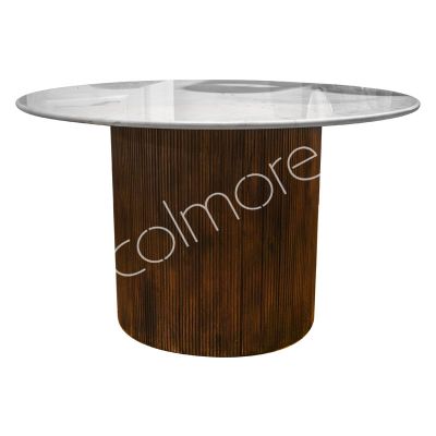 Eettafel rond mangobruin met wit marmeren blad 130x130x77