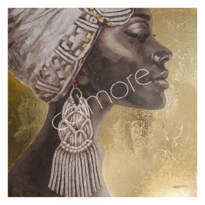 Handgeschilderde Afrikaanse dame op goud canvas 100x100