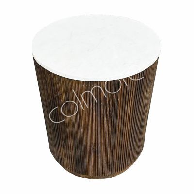 Bijzettafel Monaco rond bruin hout met wit marmeren blad 50x50x